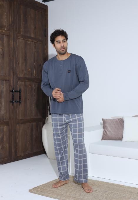 Pijama Barbati ,Maneca si Pantaloni Lungi,Culoare Gri cu Alb ,Engros